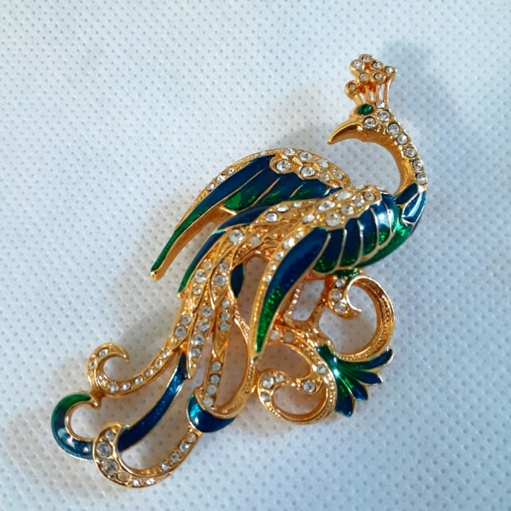 Large Gold-toned Blue Green Enamel Peacock with Clear Rhinestones Brooch